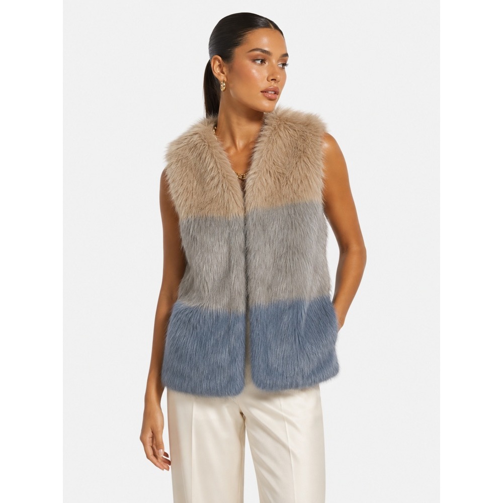 Marc New York Andrew Marc Faux Fur Colorblock Vest Tan Gray Blue M NWOT New